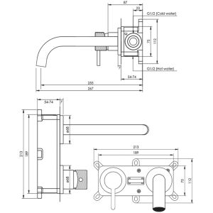 Brauer Carving Abdeckplatten 5-S-083-B6-65 Unterputz-Waschtischbatterie mit gebogenem Auslauf und Modell A2 mattschwarz