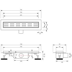 Brauer DR-SSRF70NG douchegoot Small met standaard rooster en flens 5 x 70cm RVS geborsteld