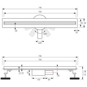 Brauer DR-XS70NG douchegoot XS met flens en draaibare sifon 3 x 70cm RVS geborsteld