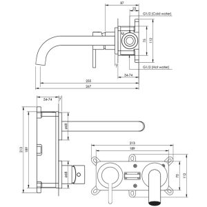 Brauer Edition 5-NG-083-B4-65 Unterputz-Waschtischbatterie mit geschwungenem Auslauf und Abdeckplatten Modell D2 Edelstahl gebürstet PVD